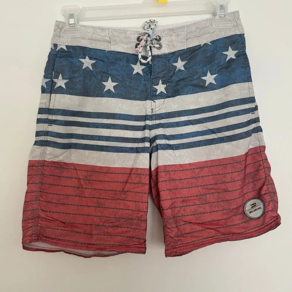Billabong Board Shorts featuring a Distressed American Flag Pattern